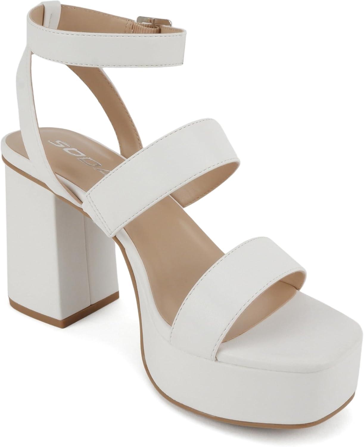 imageSoda Dudley  Women Square Toe Multi Band High Heel Platform Dress Sandal with Adjustable Ankle StrapWhite Pu