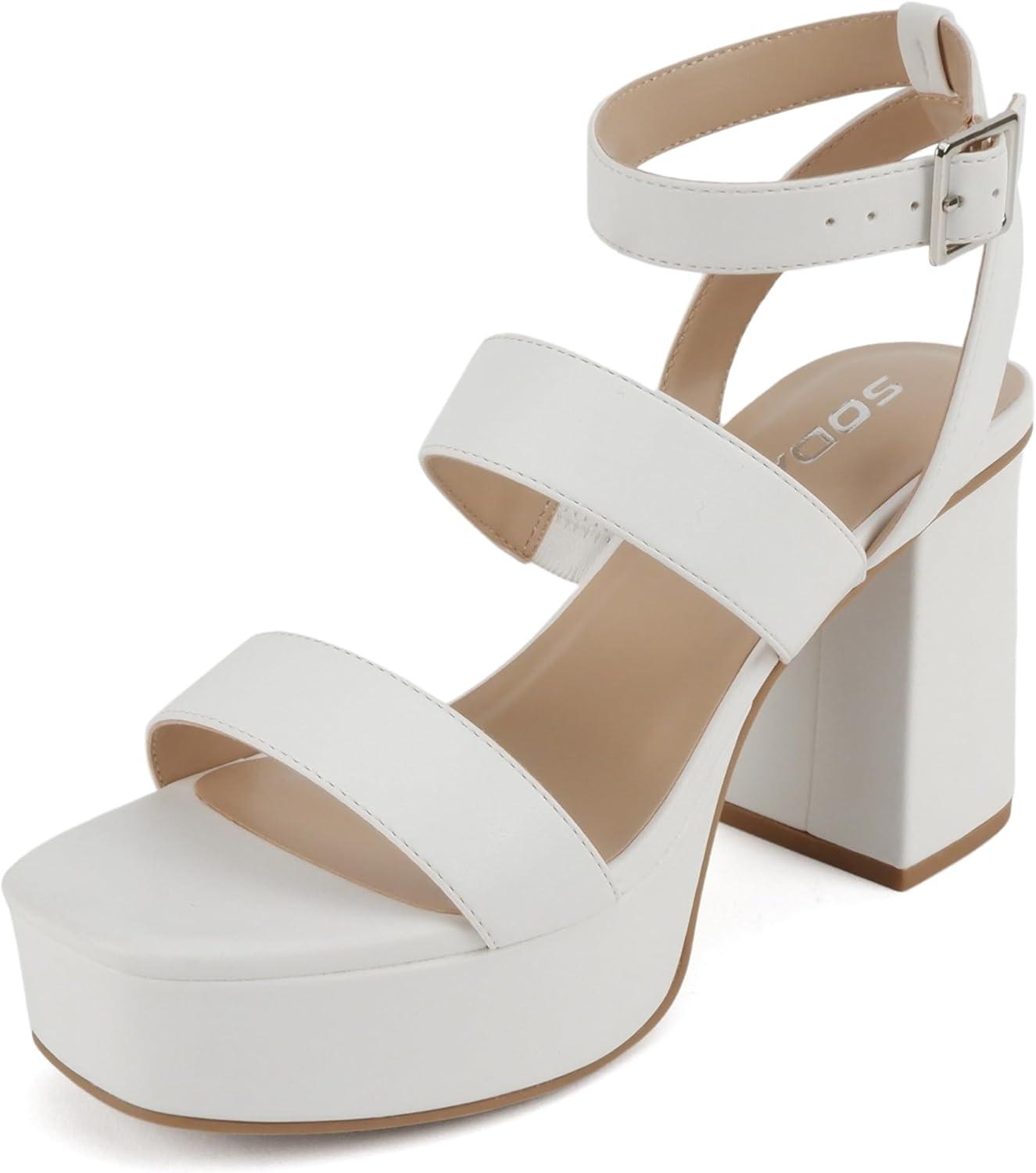 imageSoda Dudley  Women Square Toe Multi Band High Heel Platform Dress Sandal with Adjustable Ankle StrapWhite Pu