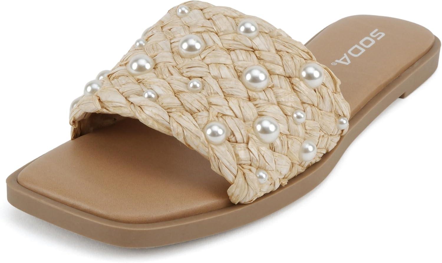 imageSoda Engine  Women Open Square Toe Single Strap Slide SandalNatural Raffia