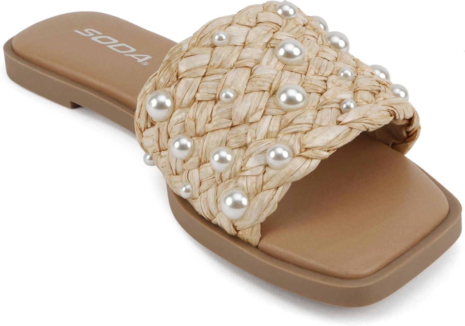 imageSoda Engine  Women Open Square Toe Single Strap Slide SandalNatural Raffia