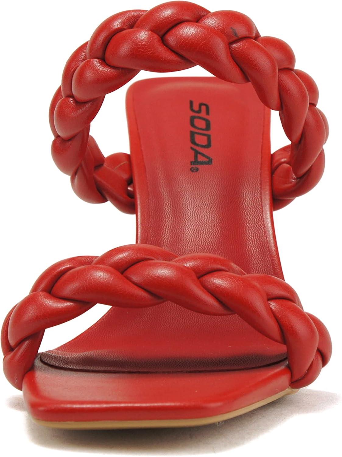 imageSoda Found  Womens Braided Heeled Square Toe Block Heel SandalsRed Pu