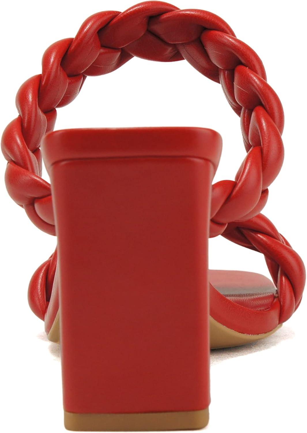 imageSoda Found  Womens Braided Heeled Square Toe Block Heel SandalsRed Pu