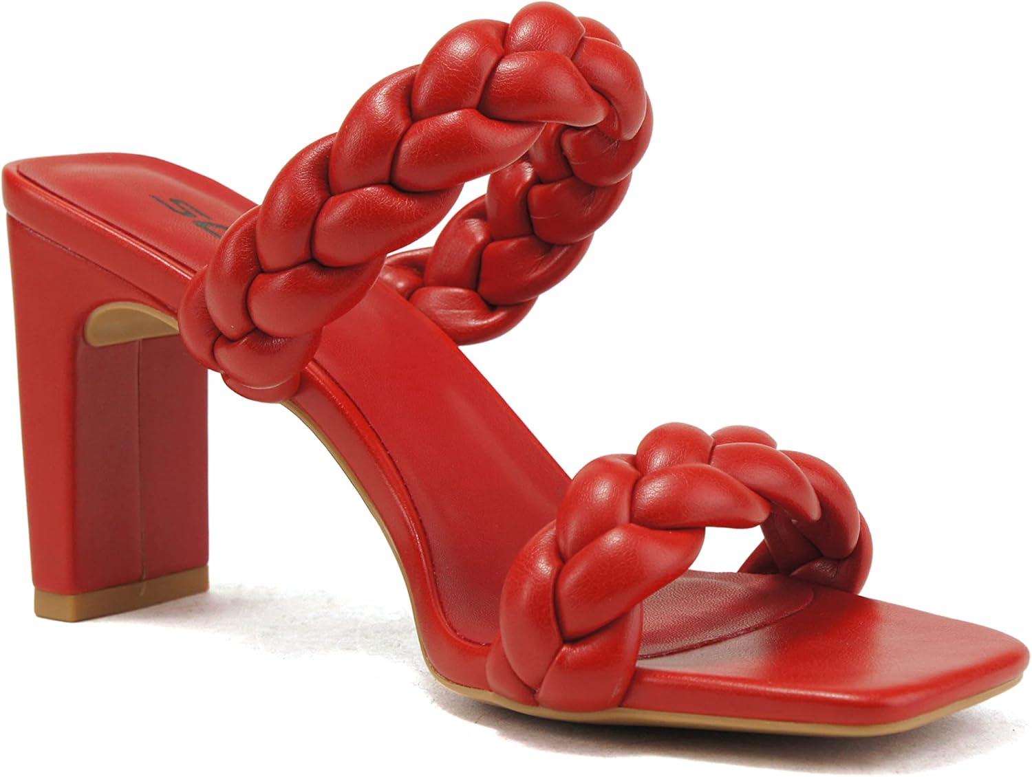 imageSoda Found  Womens Braided Heeled Square Toe Block Heel SandalsRed Pu