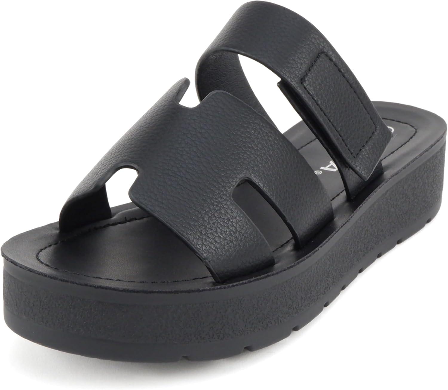imageSoda Tonya  Women Open Round Toe Double Strap Slide On SandalAll Black Pu