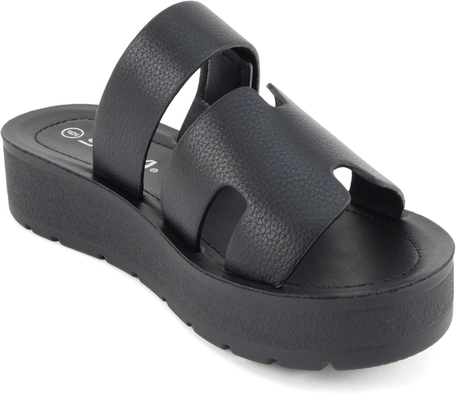 imageSoda Tonya  Women Open Round Toe Double Strap Slide On SandalAll Black Pu