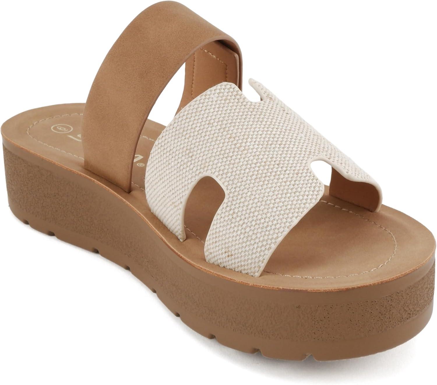 imageSoda Tonya  Women Open Round Toe Double Strap Slide On SandalBeige CottonNubuck
