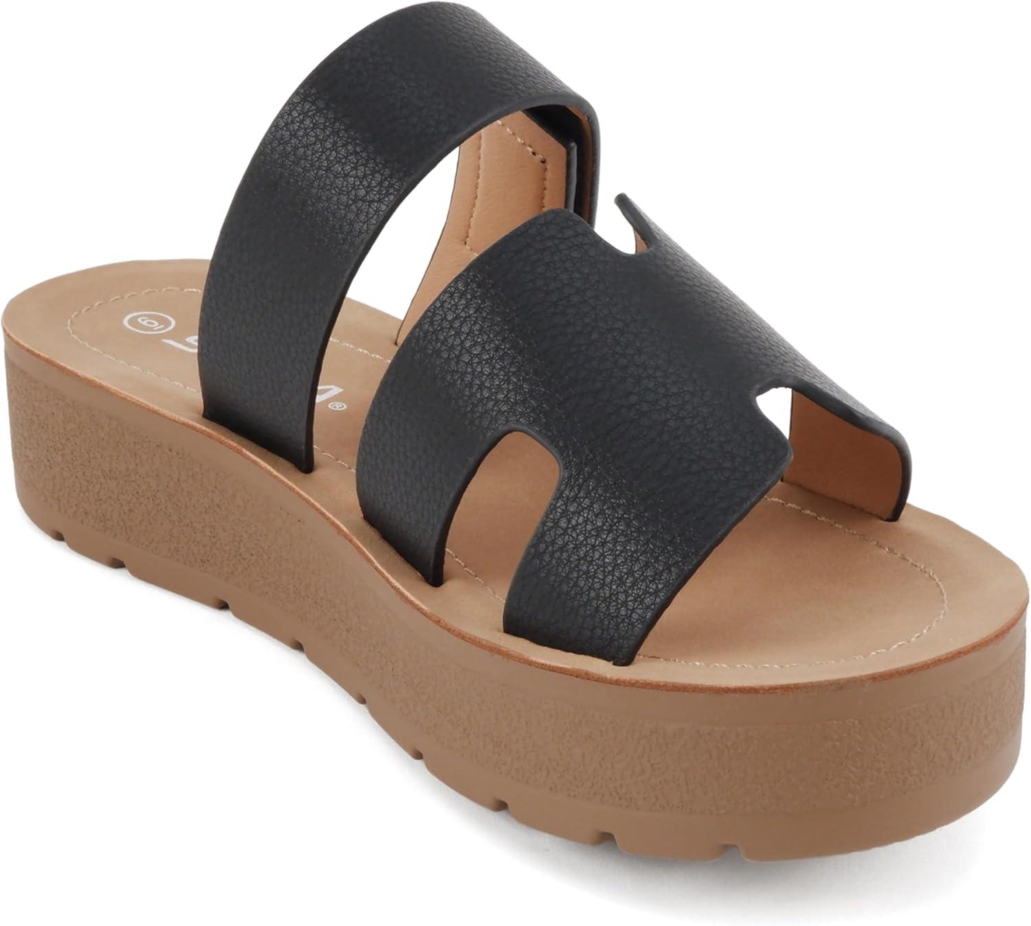 imageSoda Tonya  Women Open Round Toe Double Strap Slide On SandalBlack Pu