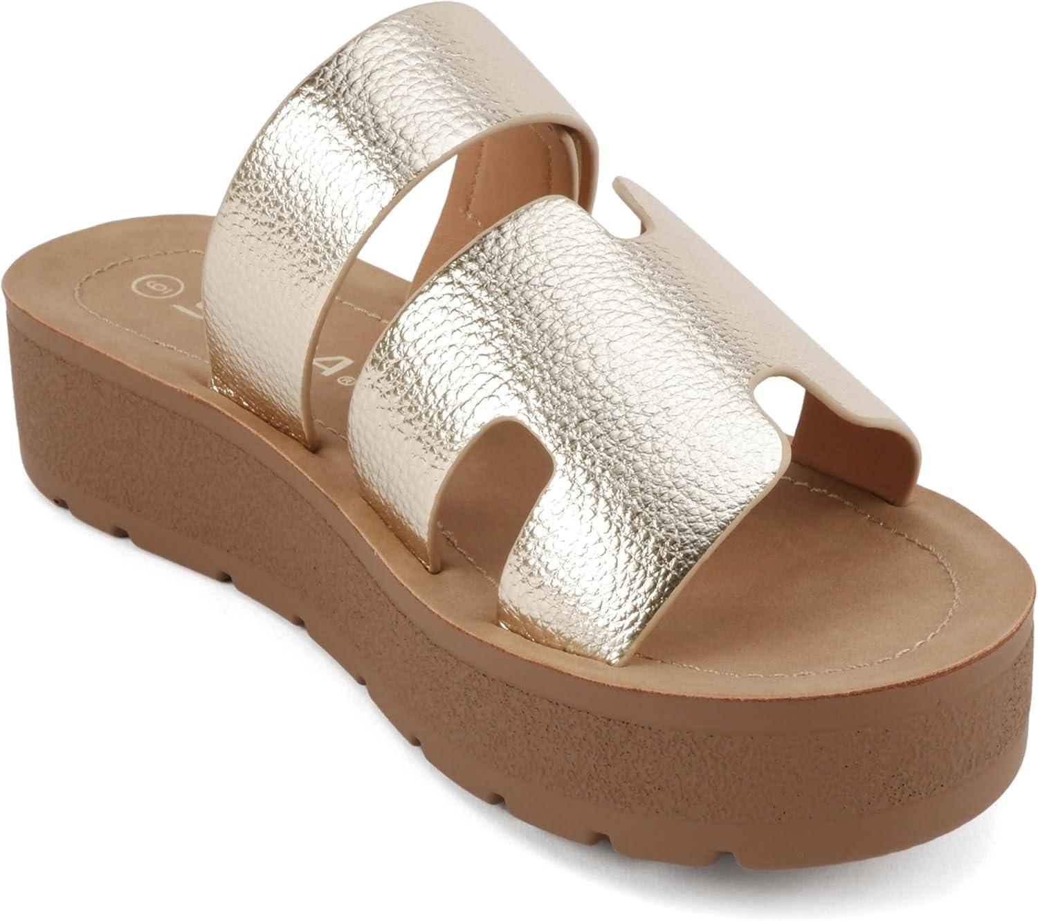 imageSoda Tonya  Women Open Round Toe Double Strap Slide On SandalGold Pu