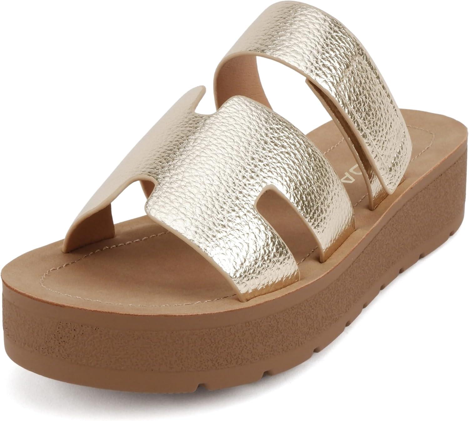 imageSoda Tonya  Women Open Round Toe Double Strap Slide On SandalGold Pu