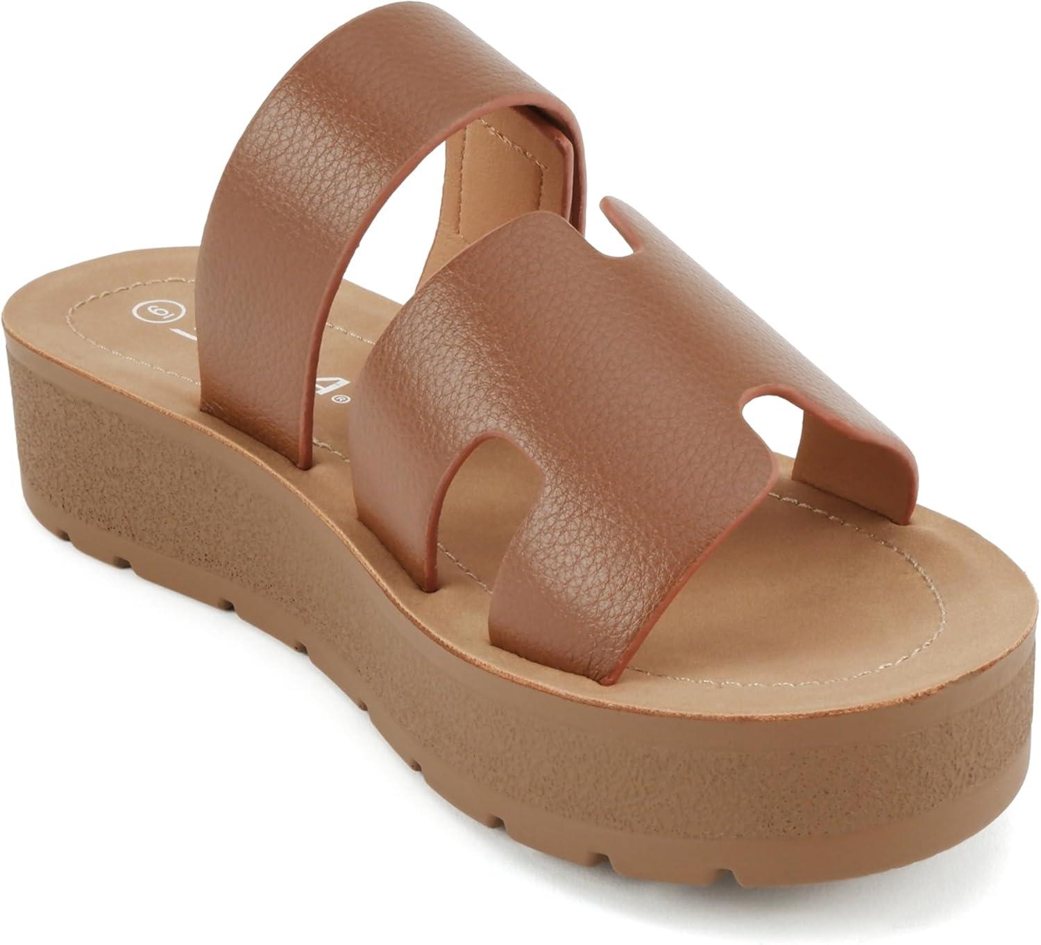 imageSoda Tonya  Women Open Round Toe Double Strap Slide On SandalTan Pu
