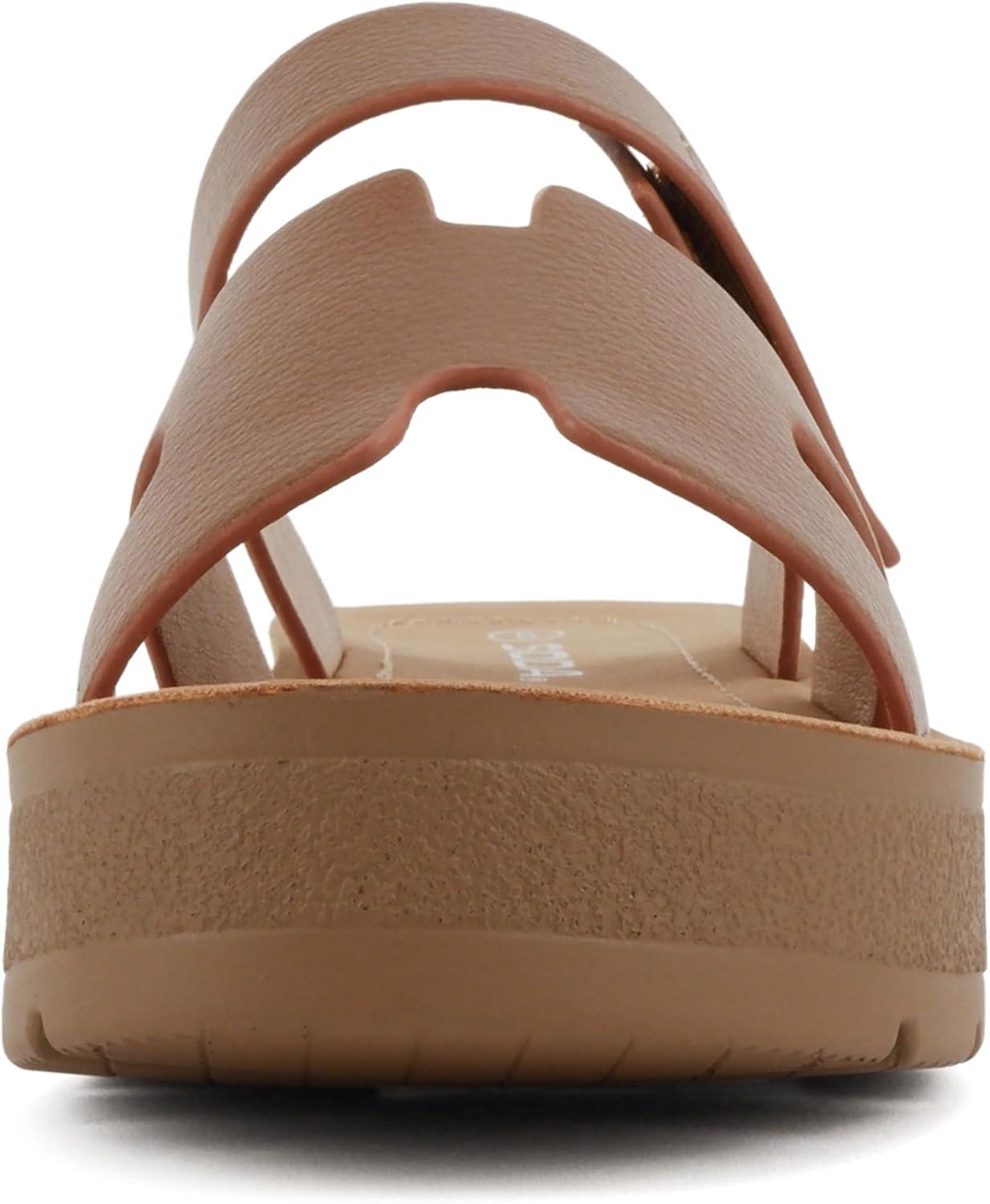 imageSoda Tonya  Women Open Round Toe Double Strap Slide On SandalTan Pu