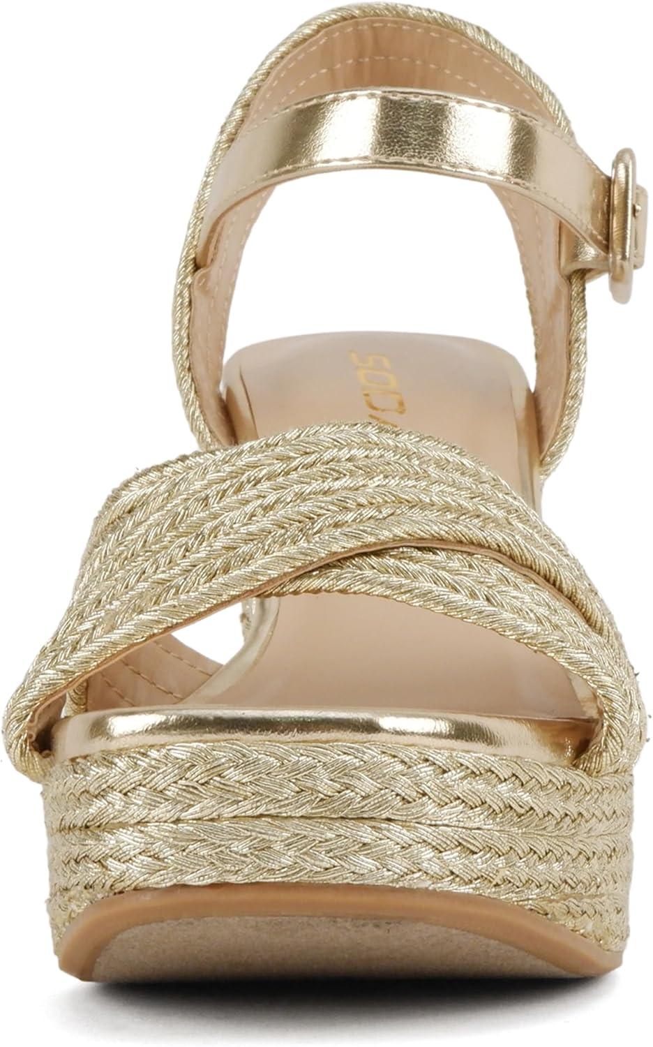 imageSoda Yara  Square Open Toe Crisscross Band Ankle Strap High Heel SandalGold JutePu