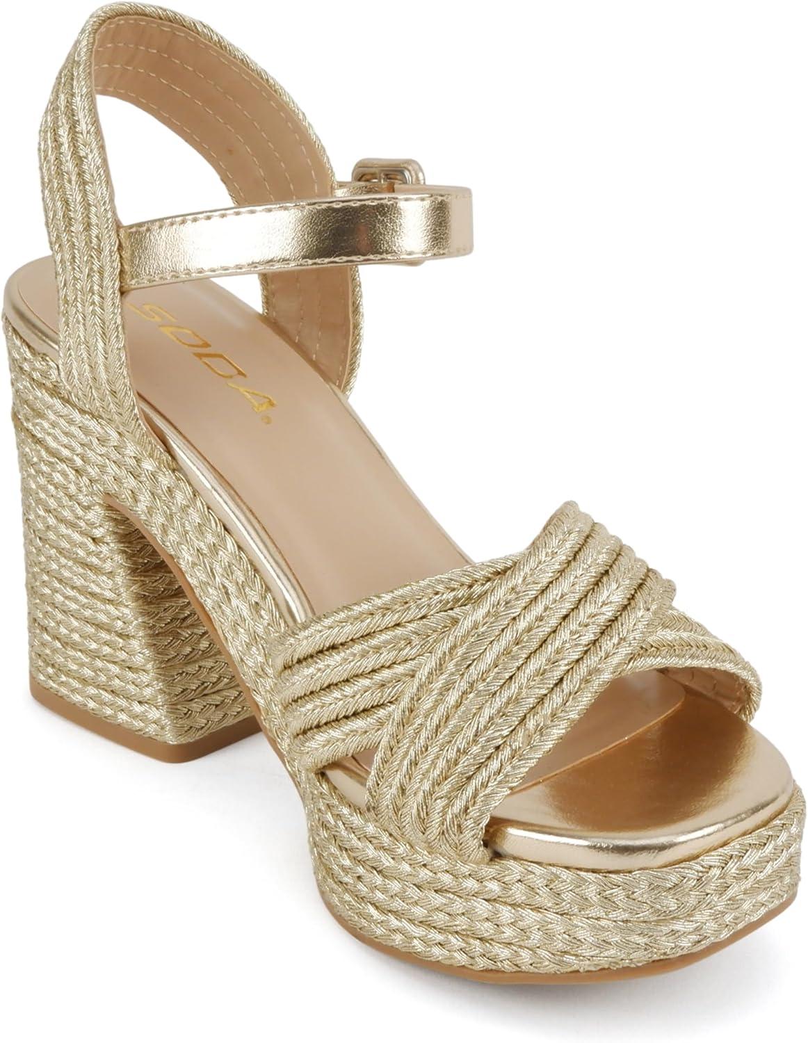 imageSoda Yara  Square Open Toe Crisscross Band Ankle Strap High Heel SandalGold JutePu