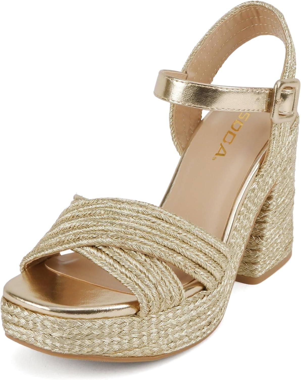 imageSoda Yara  Square Open Toe Crisscross Band Ankle Strap High Heel SandalGold JutePu