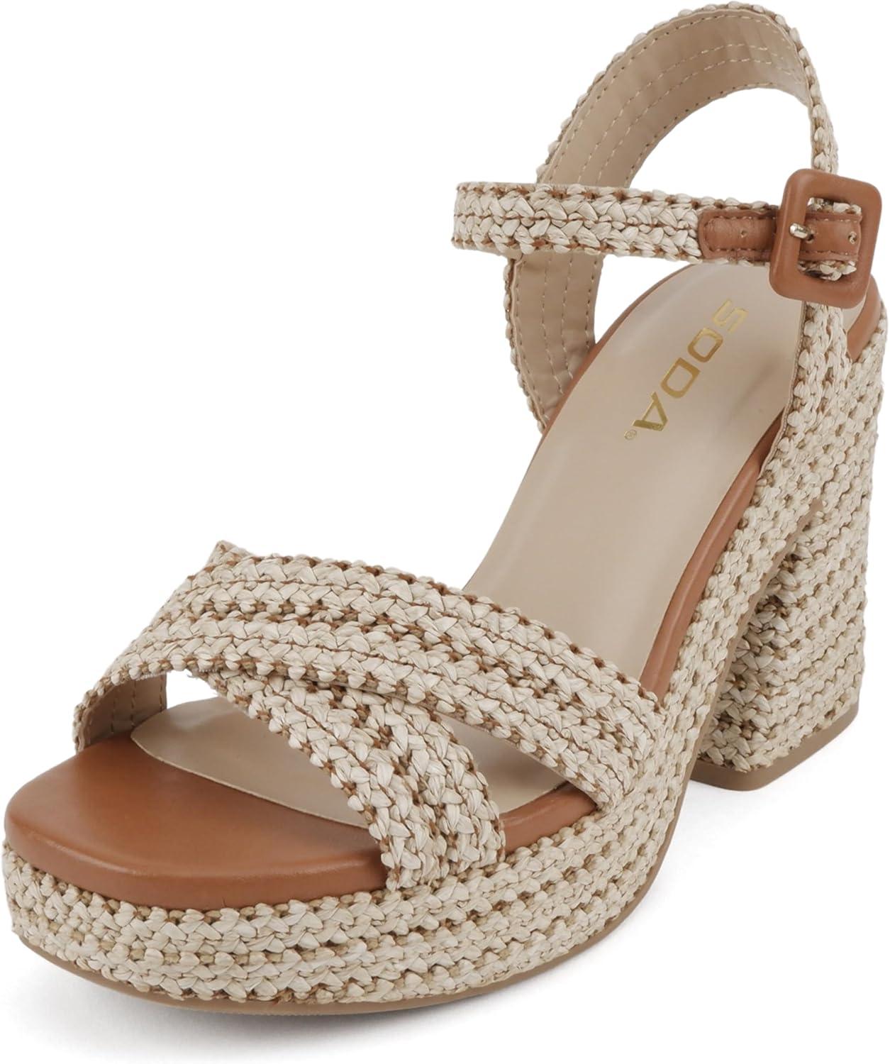 imageSoda Yara  Square Open Toe Crisscross Band Ankle Strap High Heel SandalNatural RaffiaTan