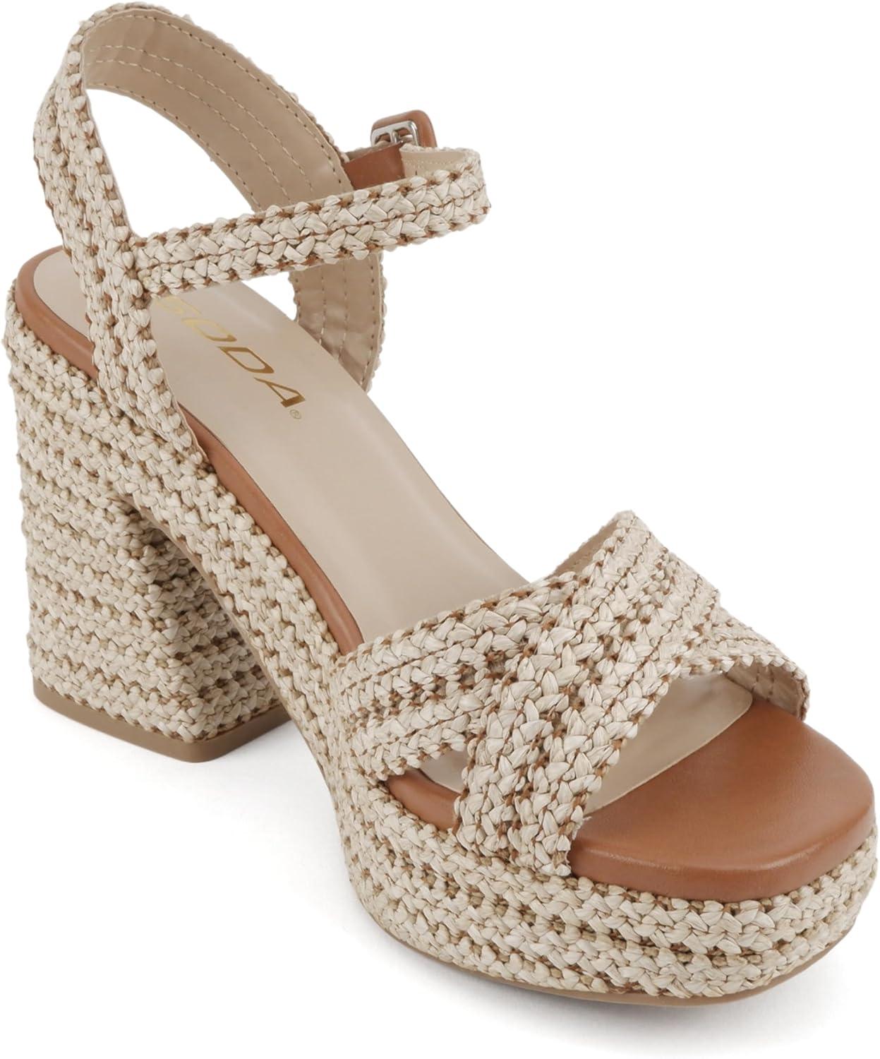 imageSoda Yara  Square Open Toe Crisscross Band Ankle Strap High Heel SandalNatural RaffiaTan