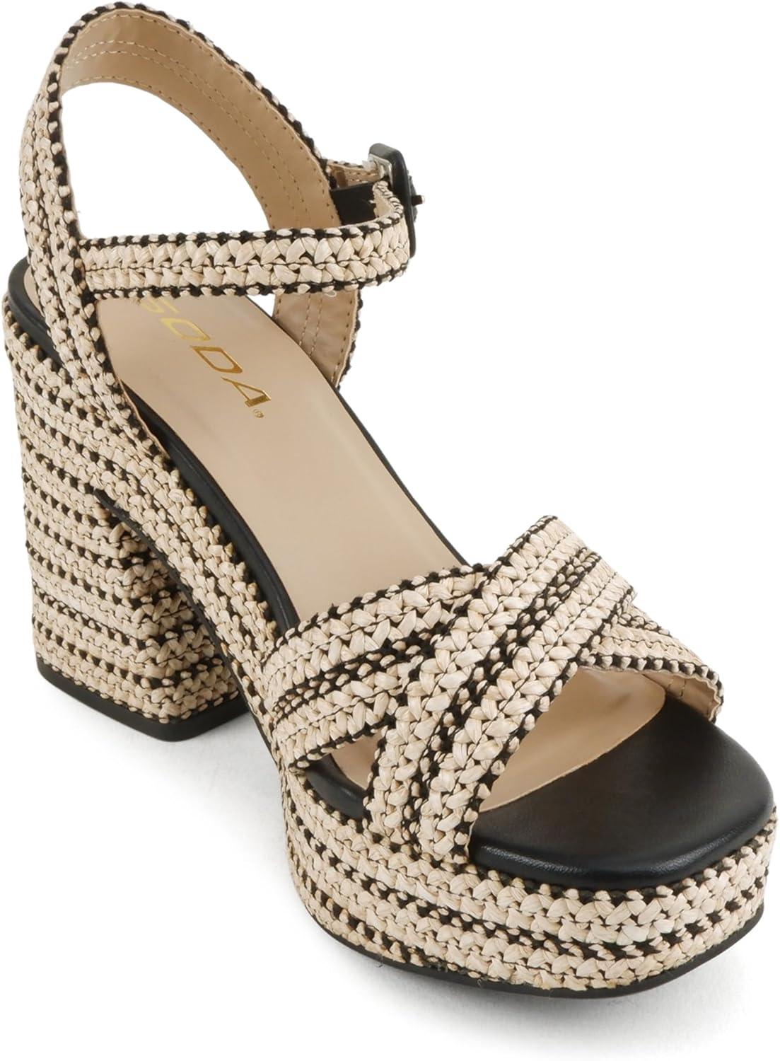 imageSoda Yara  Square Open Toe Crisscross Band Ankle Strap High Heel SandalRaffiaBlack