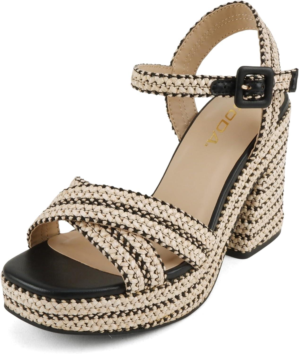 imageSoda Yara  Square Open Toe Crisscross Band Ankle Strap High Heel SandalRaffiaBlack