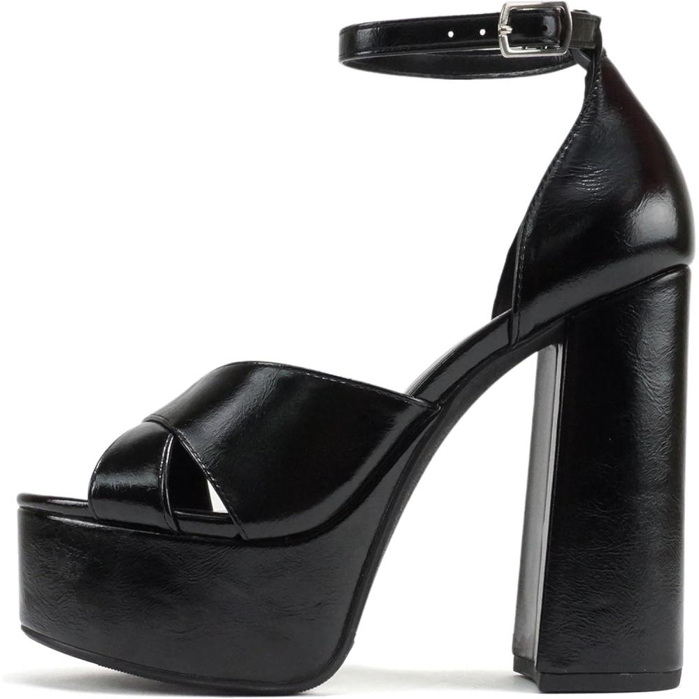 imageSoda ATOMIC  Women Open Round Toe Crisscross Band Closed Back Counter Platform High Heel Sandal with Adjustable Ankle StrapBlack Pu