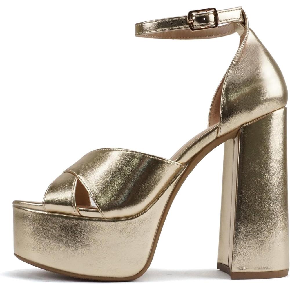 imageSoda ATOMIC  Women Open Round Toe Crisscross Band Closed Back Counter Platform High Heel Sandal with Adjustable Ankle StrapGold Metallic