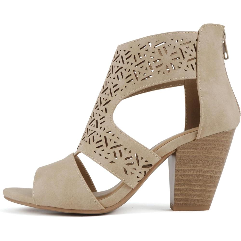 imageSoda Amicia  Women Round Peep Toe Single Band Geometric Cutout Low Block Heel Sandal with Back ZipperTaupe Nubuck