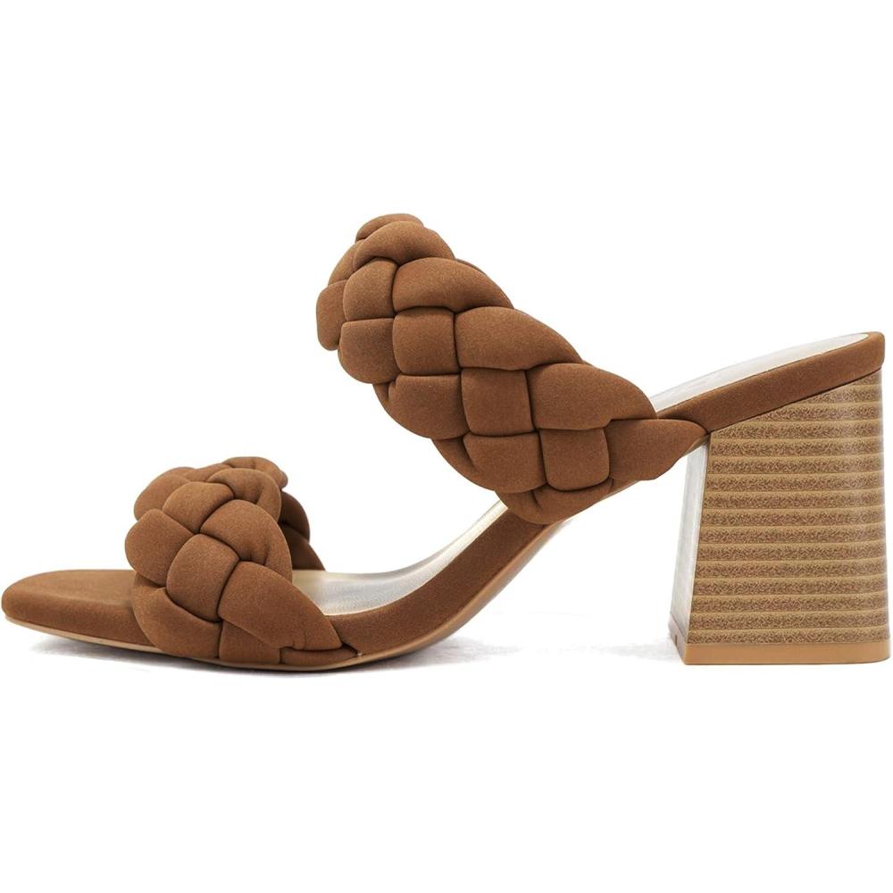 imageSoda BUGGY  Women Double Braided Straps Casual Open Square Toe Fashion Slide Block Heel SandalLt Cognac