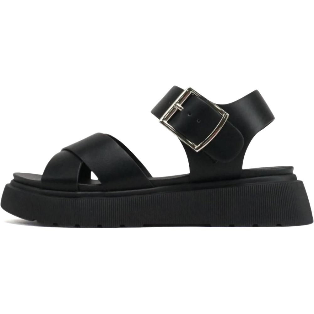 imageSoda Carter  Women Open Round Toe Crisscross Upper Lug Sole Platform Sandal with Adjustable Ankle StrapAll Black