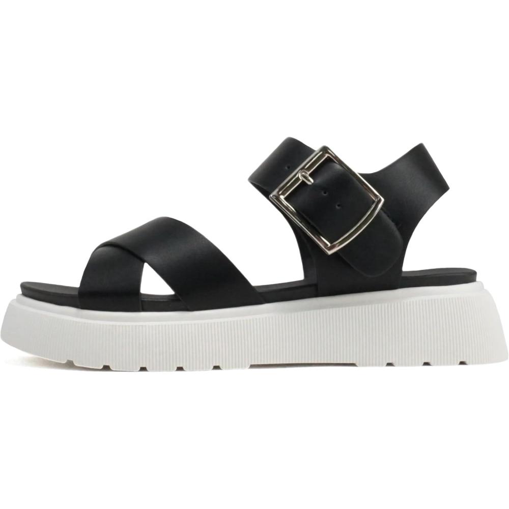 imageSoda Carter  Women Open Round Toe Crisscross Upper Lug Sole Platform Sandal with Adjustable Ankle StrapBlack Pu