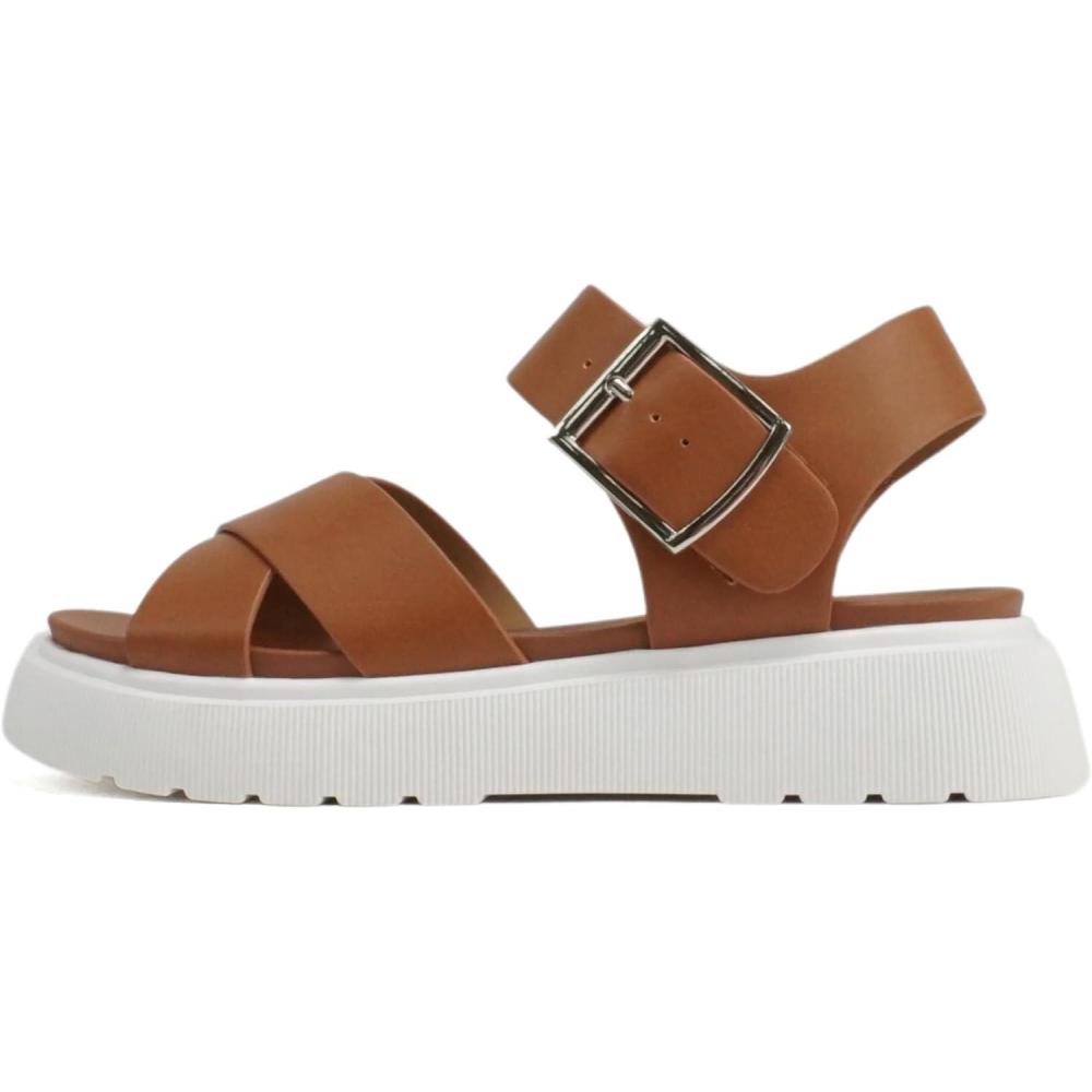 imageSoda Carter  Women Open Round Toe Crisscross Upper Lug Sole Platform Sandal with Adjustable Ankle StrapCognac Pu