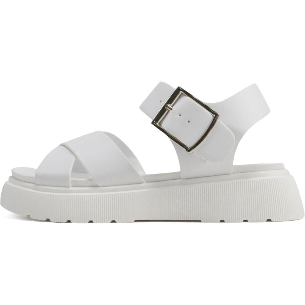 imageSoda Carter  Women Open Round Toe Crisscross Upper Lug Sole Platform Sandal with Adjustable Ankle StrapWhite Pu