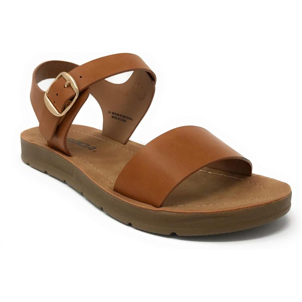 imageSoda PLENTY  Womens Strappy Ankle Wrap Buckle Fashion Flat SandalsTan Jd