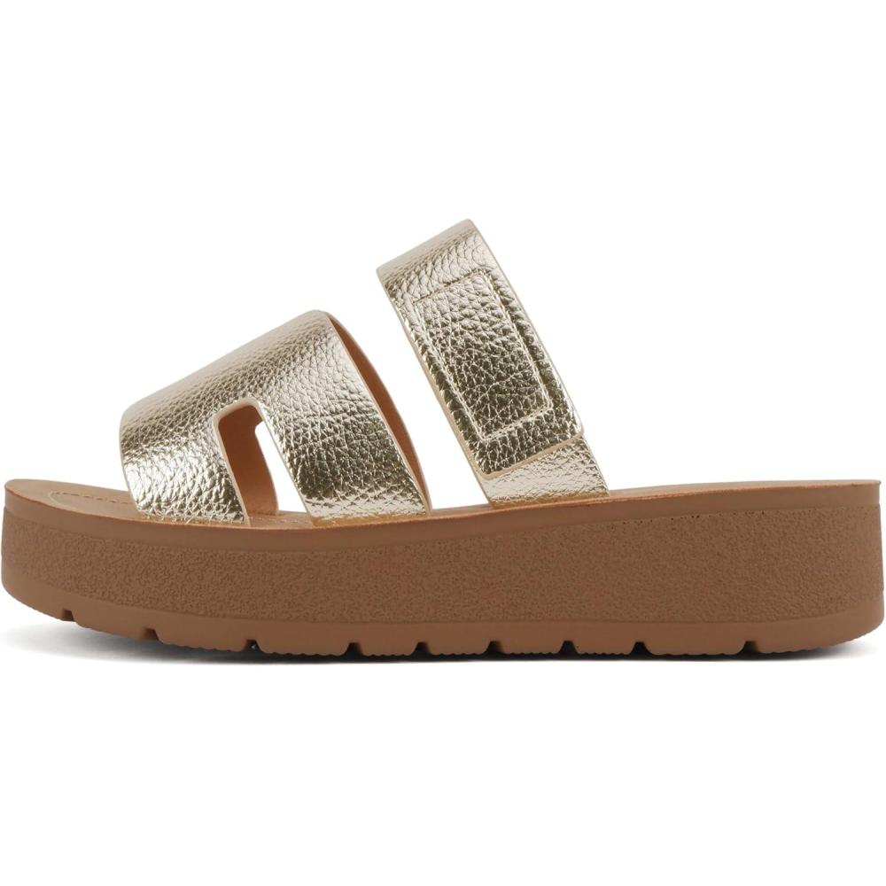 imageSoda Tonya  Women Open Round Toe Double Strap Slide On SandalGold Pu