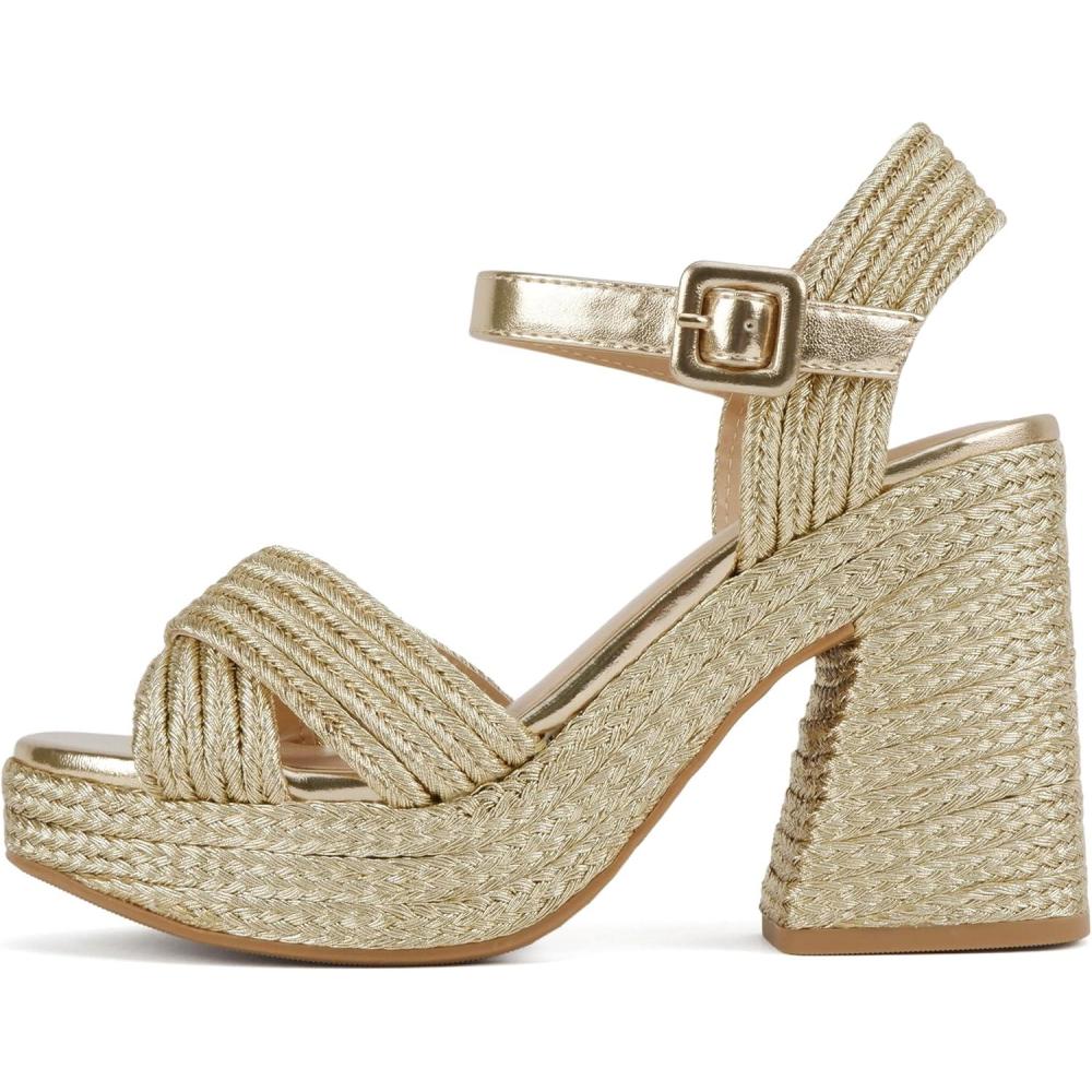 imageSoda Yara  Square Open Toe Crisscross Band Ankle Strap High Heel SandalGold JutePu
