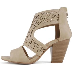 Soda “Amicia” ~ Women Round Peep Toe Single Band Geometric Cutout Low Block Heel Sandal with Back Zipper(Taupe Nubuck)