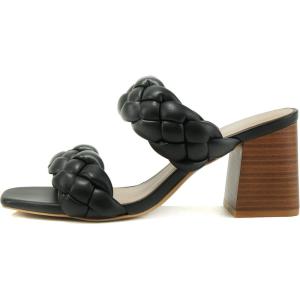 Soda BUGGY ~ Women Double Braided Straps Casual Open Square Toe Fashion Slide Block Heel Sandal(Black Pu)