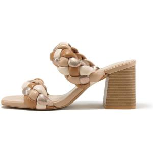 Soda BUGGY ~ Women Double Braided Straps Casual Open Square Toe Fashion Slide Block Heel Sandal(Dk Nude Multi)