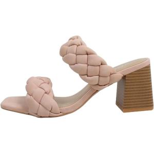 Soda BUGGY ~ Women Double Braided Straps Casual Open Square Toe Fashion Slide Block Heel Sandal(Pink Nubuck)