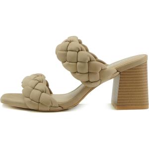 Soda BUGGY ~ Women Double Braided Straps Casual Open Square Toe Fashion Slide Block Heel Sandal(Taupe Pu)