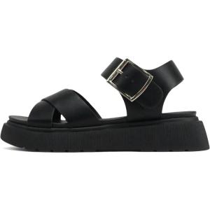 Soda “Carter” ~ Women Open Round Toe Crisscross Upper Lug Sole Platform Sandal with Adjustable Ankle Strap(All Black)