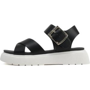 Soda “Carter” ~ Women Open Round Toe Crisscross Upper Lug Sole Platform Sandal with Adjustable Ankle Strap(Black Pu)