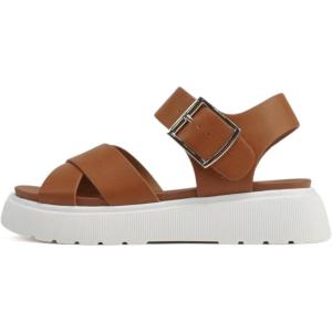 Soda “Carter” ~ Women Open Round Toe Crisscross Upper Lug Sole Platform Sandal with Adjustable Ankle Strap(Cognac Pu)