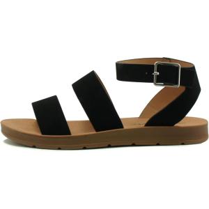 Soda DOZEN ~ Women Casual Open Toe Two Bands with Ankle Buckle Strap Fashion Slide Flat Sandal(Black Nbpu)