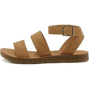 Soda DOZEN ~ Women Casual Open Toe Two Bands with Ankle Buckle Strap Fashion Slide Flat Sandal(Coffee Nbpu)