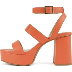 Soda “Dudley” ~ Women Square Toe Multi Band High Heel Platform Dress Sandal with Adjustable Ankle Strap(Orange Pu)