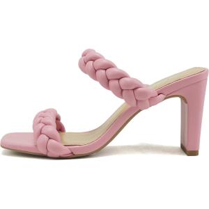 Soda Found – Women’s Braided Heeled Square Toe Block Heel Sandals(Pink Pu)
