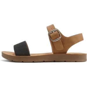 Soda PLENTY ~ Women’s Strappy Ankle Wrap Buckle Fashion Flat Sandals(Black Canvas/Tan)