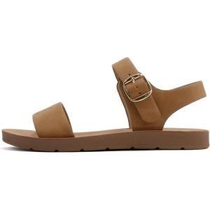 Soda PLENTY ~ Women’s Strappy Ankle Wrap Buckle Fashion Flat Sandals(Tan Nubuck)