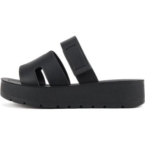 Soda “Tonya” ~ Women Open Round Toe Double Strap Slide On Sandal(All Black Pu)