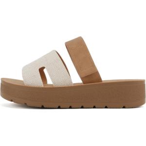 Soda “Tonya” ~ Women Open Round Toe Double Strap Slide On Sandal(Beige Cotton/Nubuck)