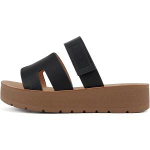 Soda “Tonya” ~ Women Open Round Toe Double Strap Slide On Sandal(Black Pu)
